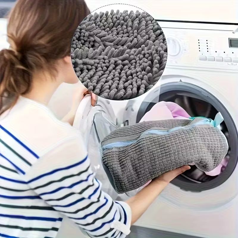 Durable White Polyester Shoe Wash Bag with Mesh Pocket and Zipper Closure - Suitable for Machine Laundry, Cleaning Bags for Sneakers & Jewelry Accessories Rich in Fleece Lining