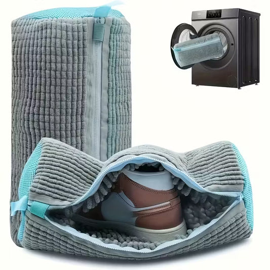 Durable White Polyester Shoe Wash Bag with Mesh Pocket and Zipper Closure - Suitable for Machine Laundry, Cleaning Bags for Sneakers & Jewelry Accessories Rich in Fleece Lining