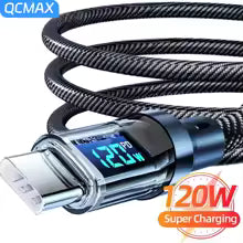120W USB Type C Cable/USB to C Cable Fast Charging 100W LED Digital Display Nylon Data Cord for iPhone and Samsung USB C Charge Cable